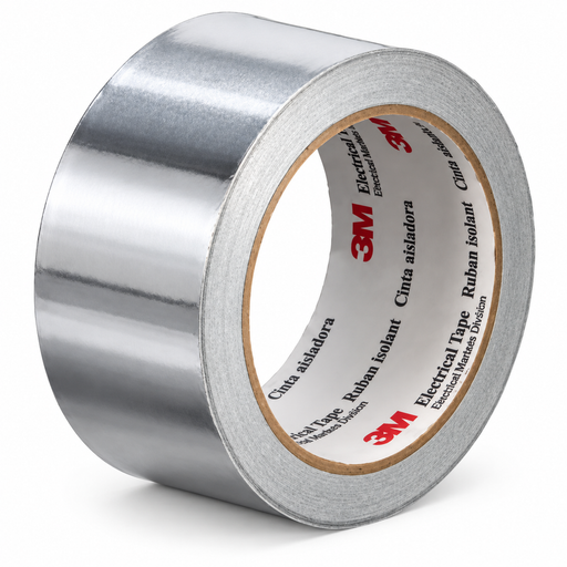Angled view of 3M 1170 EMI aluminum foil shielding tape on a white background