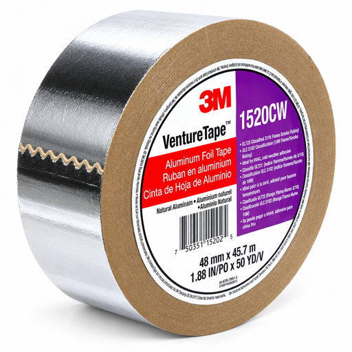 Roll of 3M 1520-CW Non-Conductive Aluminum Foil Tape on a white background