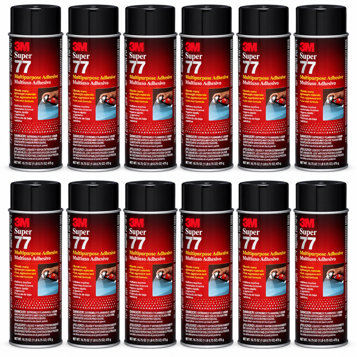 Case quantity of twelve 3M Super 77 aerosol adhesive cans on a white background
