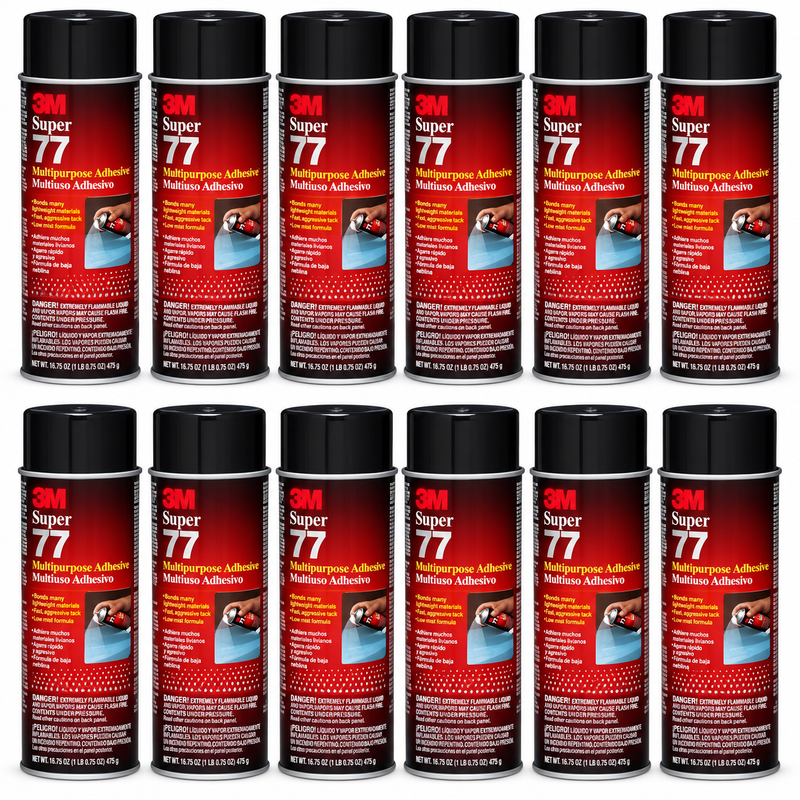 Case quantity of twelve 3M Super 77 aerosol adhesive cans on a white background