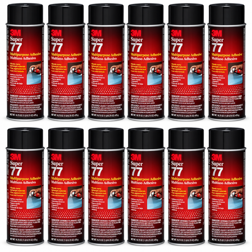 Case quantity of twelve 3M Super 77 aerosol adhesive cans on a white background
