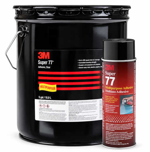 3M Super 77 five-gallon adhesive pail and aerosol can on a white background