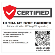 ULTRA NT SCIF Barrier product label with roll size, distributor details and QR code