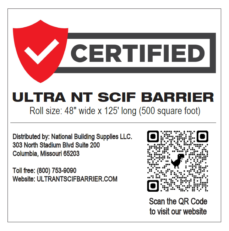 ULTRA NT SCIF Barrier certified product label with roll dimensions, distributor information, and QR code