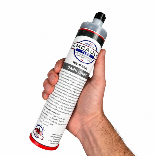 EMCaulk FLEX 4FS032 conductive caulk cartridge held in a hand on a white background