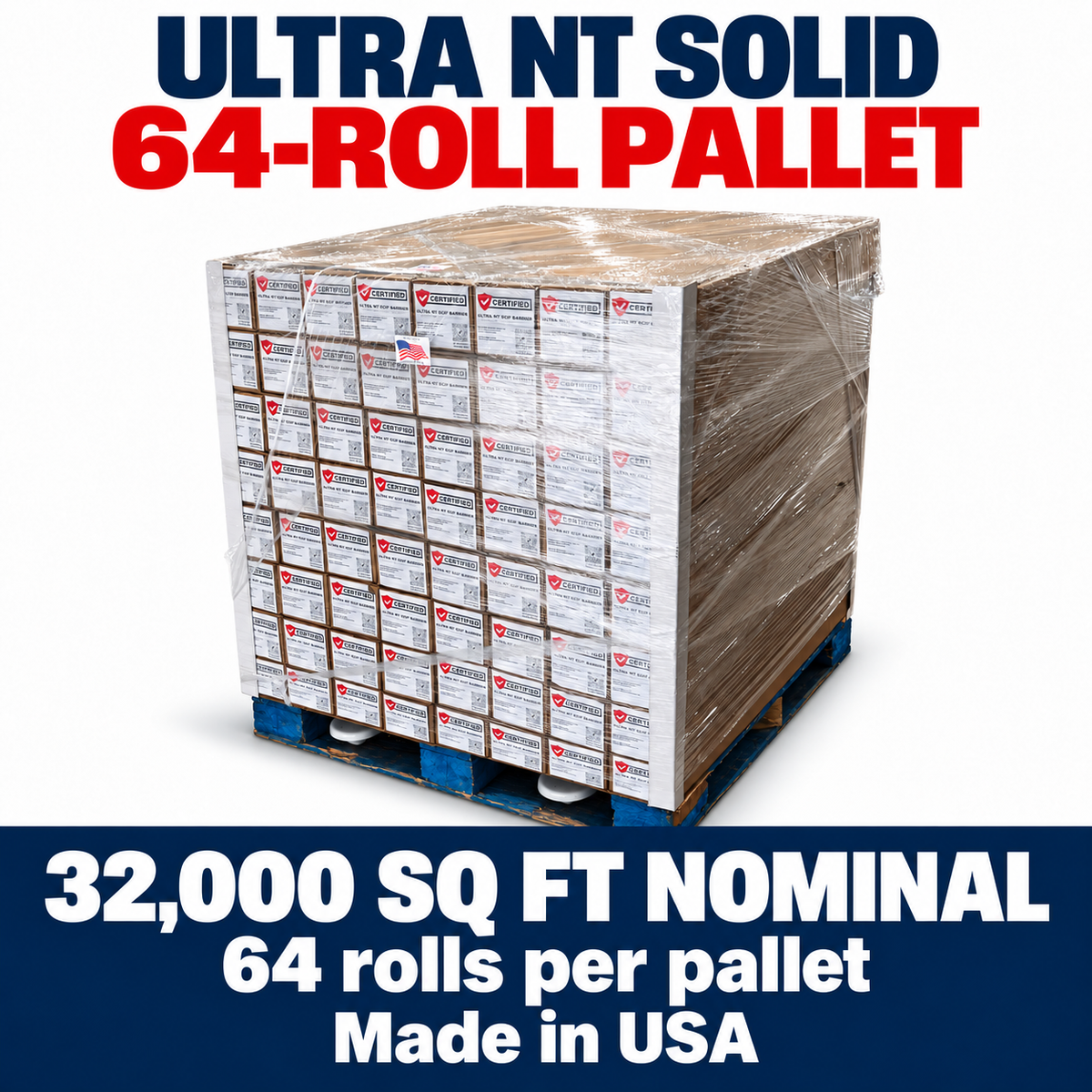 ULTRA NT SCIF Barrier – SOLID — 64-Roll Pallet — product image with large heading and readable specifications