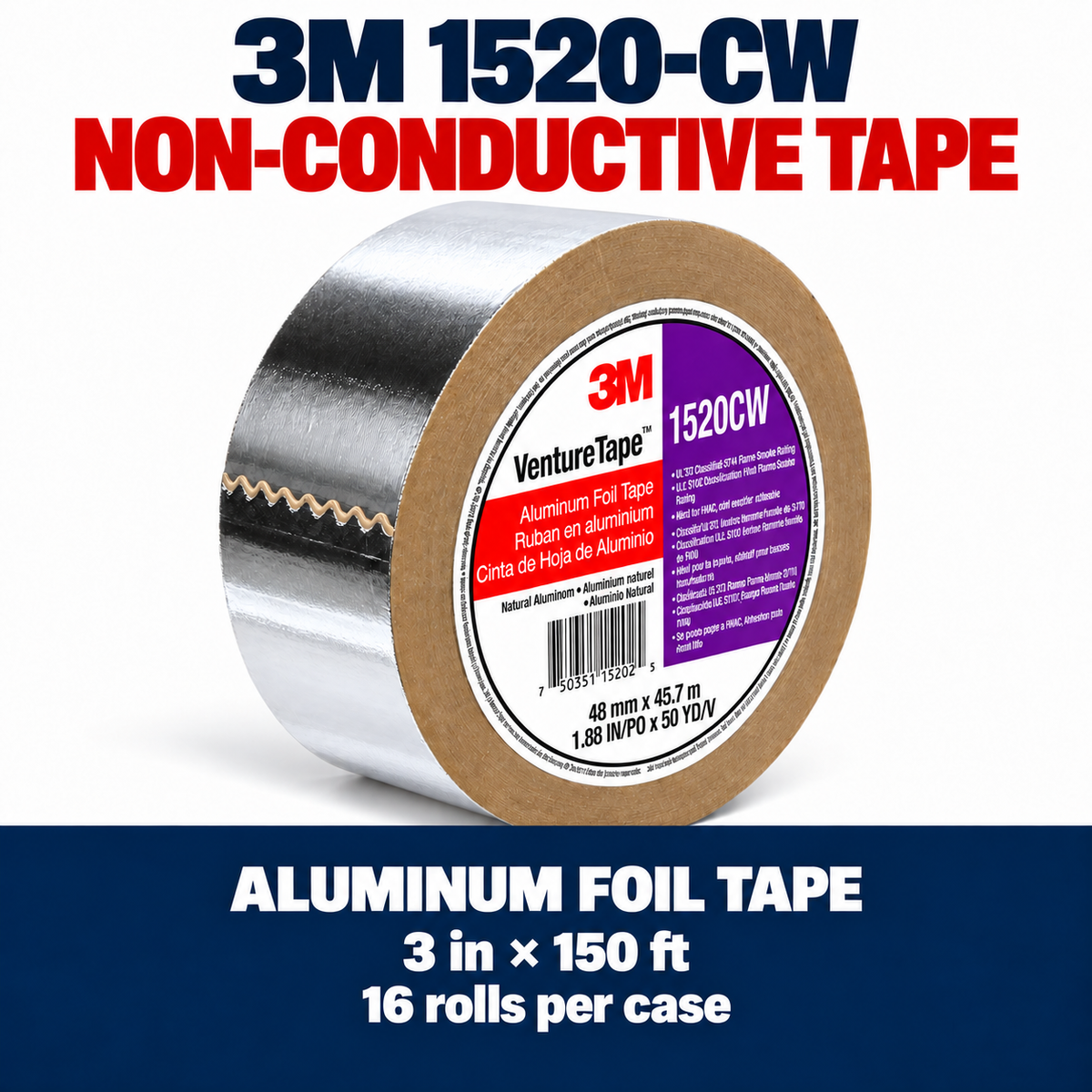 3M 1520-CW Non-Conductive Aluminum Foil Tape | 3 in × 150 ft | Case of 16