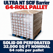 ULTRA NT SCIF Barrier 64-roll pallet — available in SOLID or PERFORATED, 32,000 sq ft nominal area