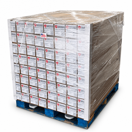 ULTRA NT SCIF Barrier SOLID 64-roll pallet with shrink-wrapped packaging on a white background